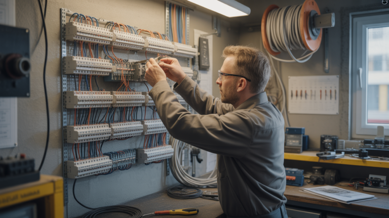 Électricien installant un télérupteur dans un tableau électrique avec plusieurs circuits d’éclairage, dans un atelier réaliste et détaillé.