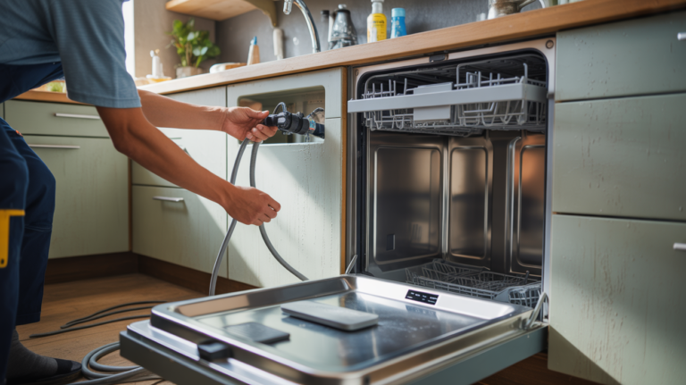 Cuisine moderne où un technicien raccorde un lave-vaisselle à l’arrivée d’eau et au branchement électrique de manière réaliste.