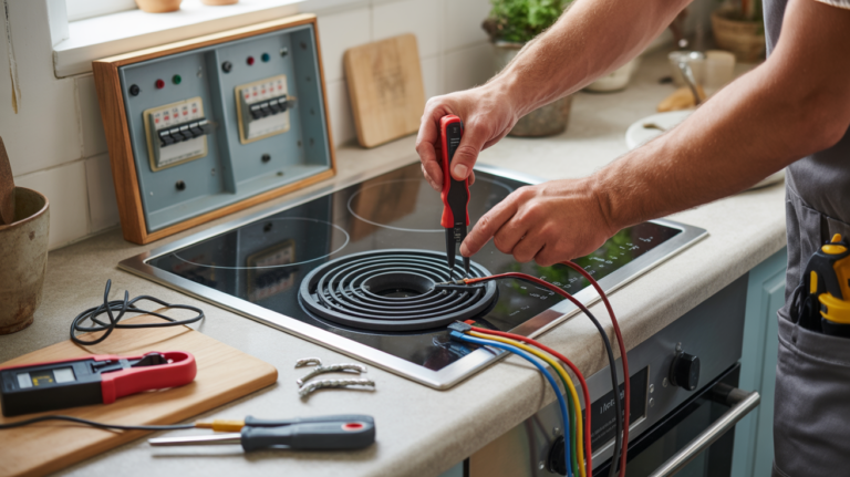 Électricien installant une plaque de cuisson avec câblage détaillé dans une cuisine réaliste.