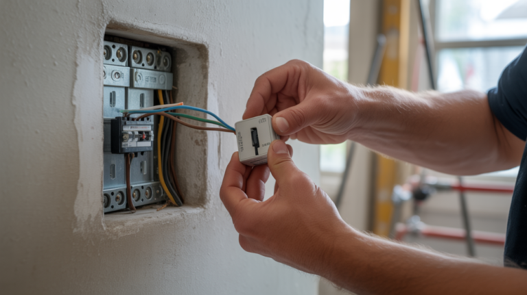 Scène réaliste montrant un électricien raccordant un interrupteur simple allumage avec les fils bien visibles dans un mur de maison.