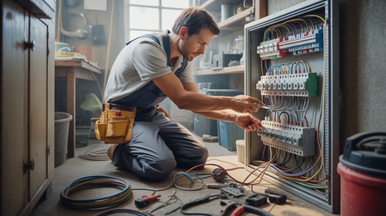 Électricien réaliste effectuant différents raccordements électriques dans une maison authentique, avec outils, câbles et détails naturels.