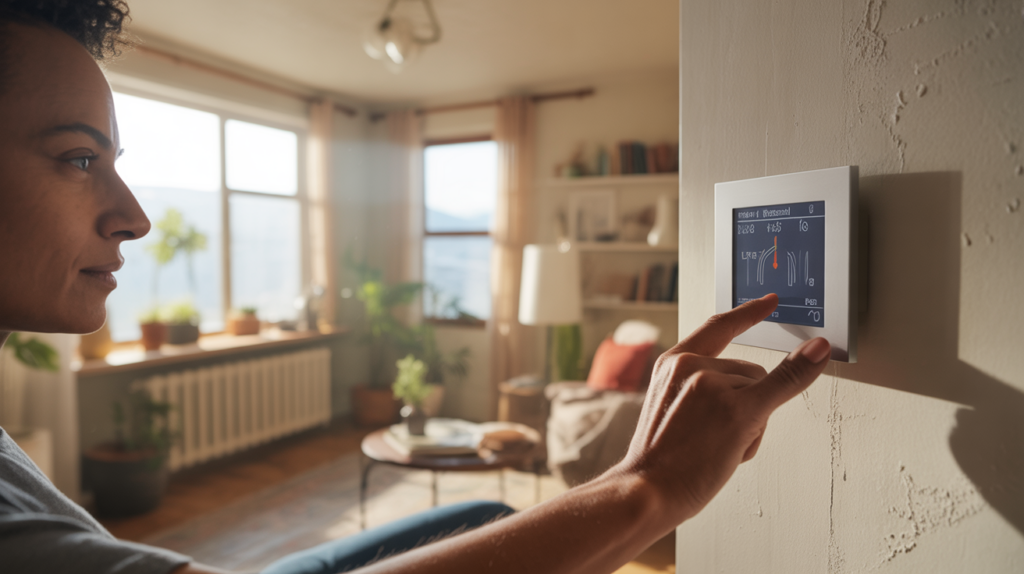 Une personne règle un thermostat programmable dans un intérieur moderne et réaliste, illustrant l’optimisation du chauffage.