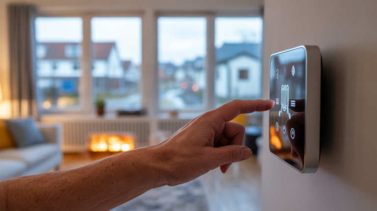 Personne ajustant un thermostat connecté dans un salon moderne et chaleureux, avec un quartier résidentiel visible en arrière‑plan.