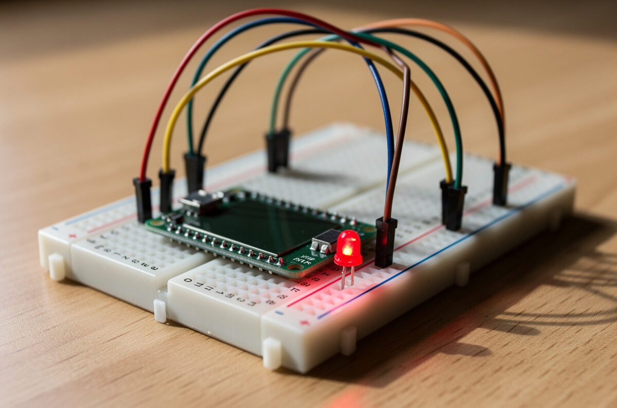 Une carte Arduino sur une plaque d’essai, LED allumée, fils de couleur