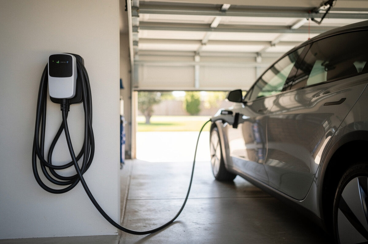 Une borne de recharge murale dans un garage, câble branché sur la voiture