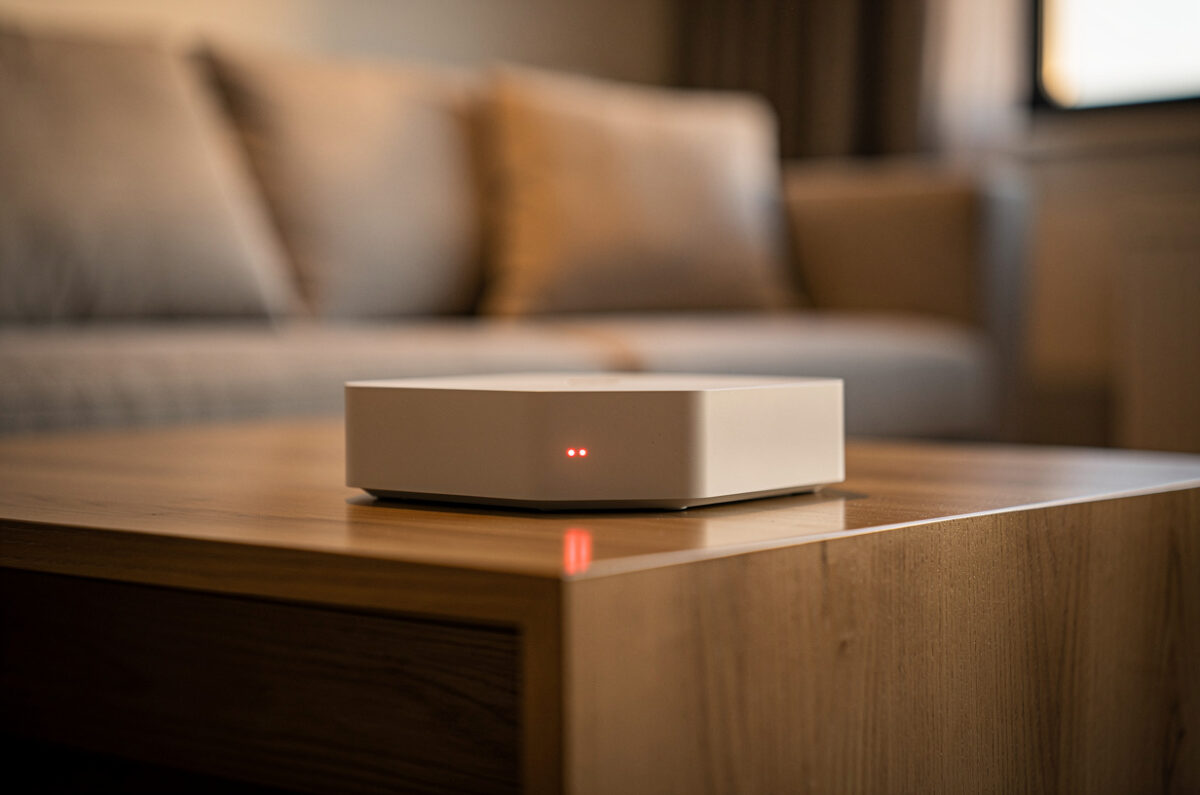 Une box internet sur un meuble de salon, voyant rouge allumé
