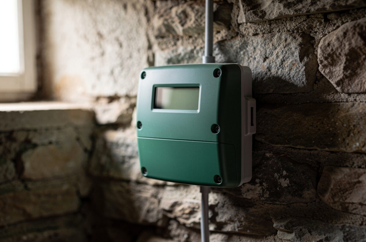 Un compteur Linky sur un mur de cave, écran allumé
