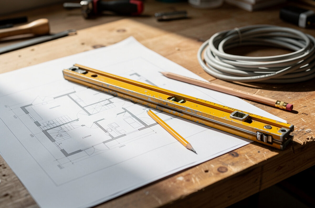 Un plan de maison sur l'établi, mètre, crayon et couronne de câble