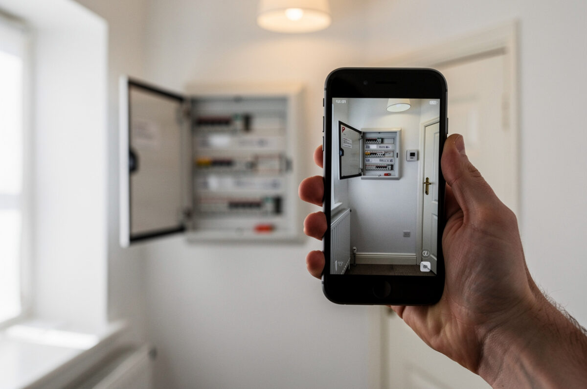 Un téléphone qui photographie un tableau électrique ouvert