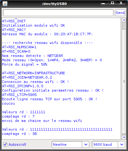 Test simple de réception d&rsquo;une chaine de caractère par le module wifi RedFly en serveur réseau depuis PC client réseau via le réseau wifi.