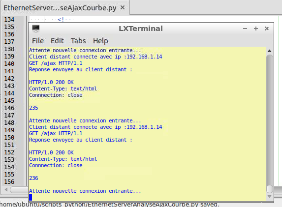 Programmer le pcDuino : Pyduino : Réseau :Serveur TCP / Http / HTML + Javascript + Ajax : Afficher dans le navigateur client dans un canva sous forme de courbe une valeur reçue par requête Ajax vers le serveur Pyduino. (= Grapheur via réseau)