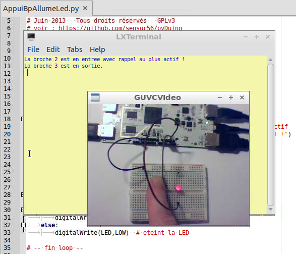 Programmer le pcDuino : Python simple : Entrée numérique : L&rsquo;appui sur un bouton poussoir allume une LED
