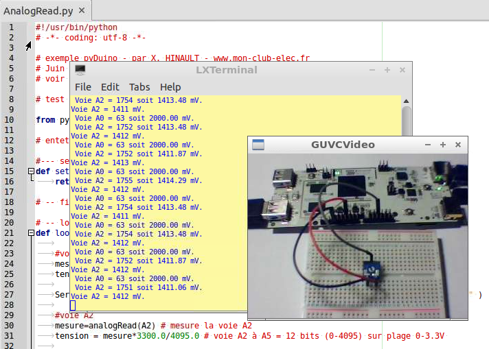 Programmer le pcDuino : Python simple : Entrée Analogique : Afficher le résultat d&rsquo;une mesure dans la console système.