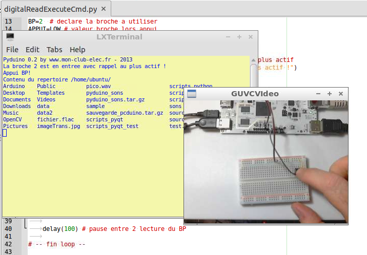 Programmer le pcDuino : Système : L&rsquo;appui sur un BP exécute une commande système (ligne de commande).