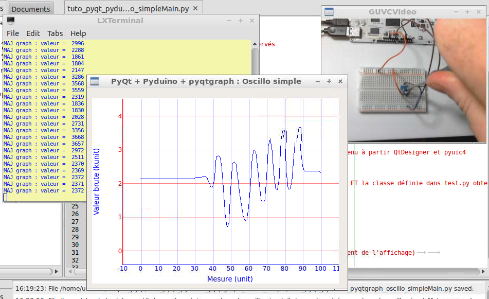 PyQt Lab&rsquo; : Mini-PC : pcDuino : Affichage sous forme de courbe de la mesure d&rsquo;une voie analogique en temps réel dans une interface graphique (oscillo monovoie) avec bouton de stop, effacer, lcdNumber d&rsquo;affichage et croix de lignes de sélection.