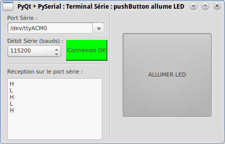 PyQt Lab&rsquo; : Port Série : en envoi : Allumer une LED côté Arduino avec un PushButton en mode ON/OFF.