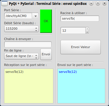 PyQt Lab&rsquo; : Port Série : en envoi : Terminal série intégrant 1 spinBox (widget de réglage de valeur numérique) pour envoi de chaîne avec paramètre numérique sur le port Série.