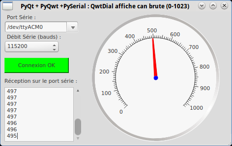 PyQt Lab&rsquo; : Port Série : en réception : Afficher dans un QwtDial, le widget d&rsquo;affichage analogique « à aiguille », une valeur de conversion analogique numérique (0-1023) reçue sur le port série en provenance d&rsquo;Arduino.